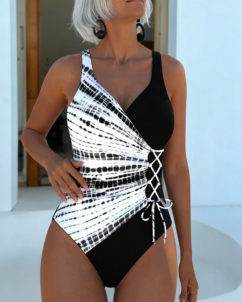 Color-Block Polka Dot One-Piece Swimsuit