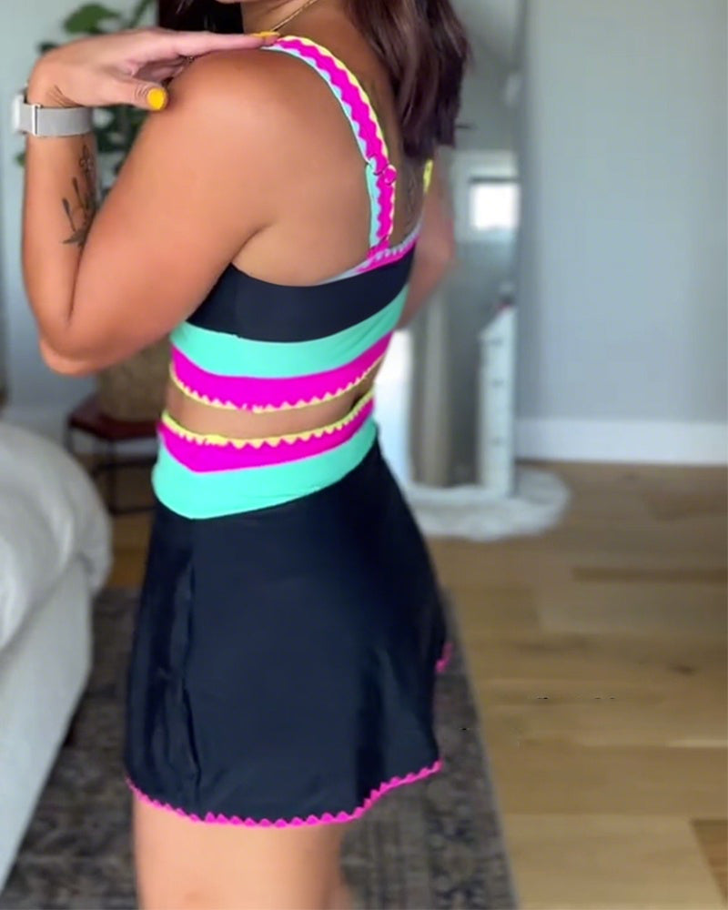 Elegant Three-Piece Color Block Swimsuit