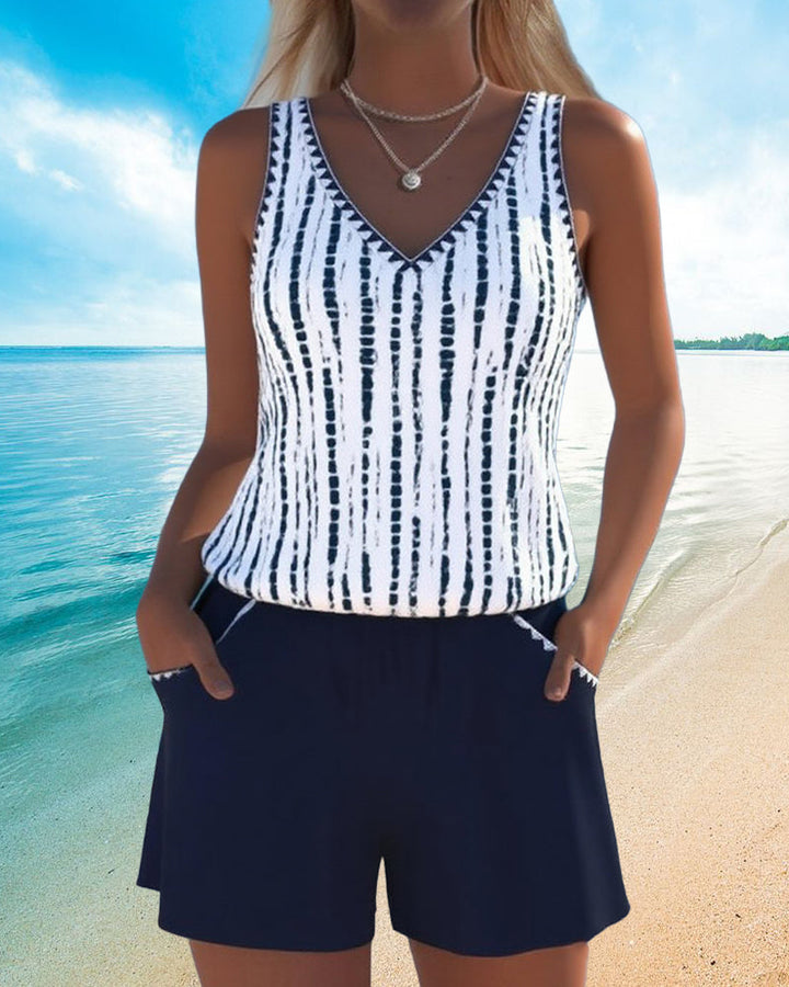 Casual Two-Piece Printed V-Neck Swimsuit with Pockets