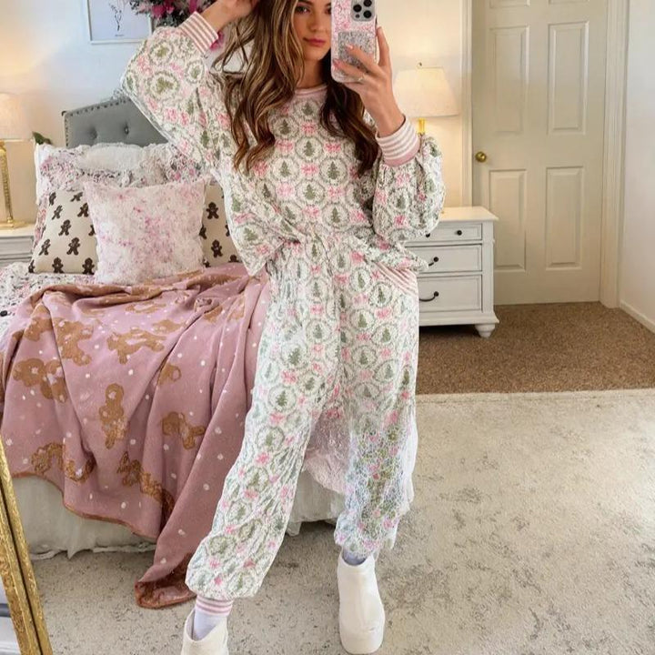 Aubrey | Cozy Christmas Bow Print Loungewear Set