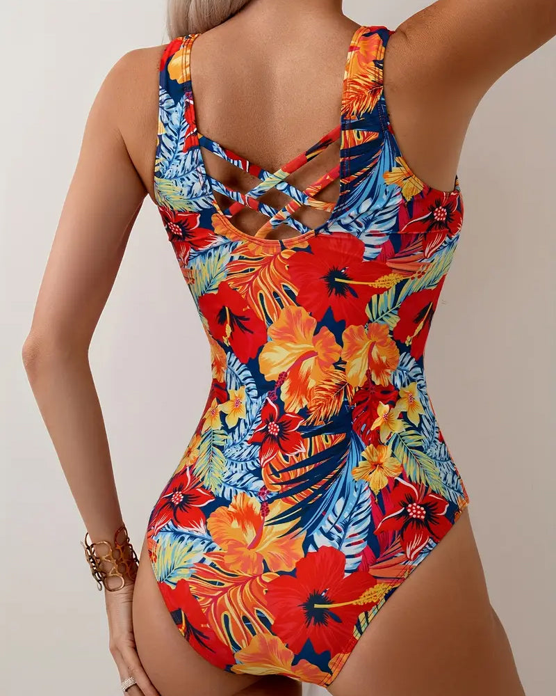One-Piece Swimsuit Round Neck Wide Straps Floral