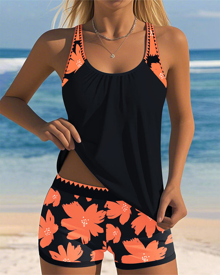 Sleeveless U-Neck Printed Boxer Tankini