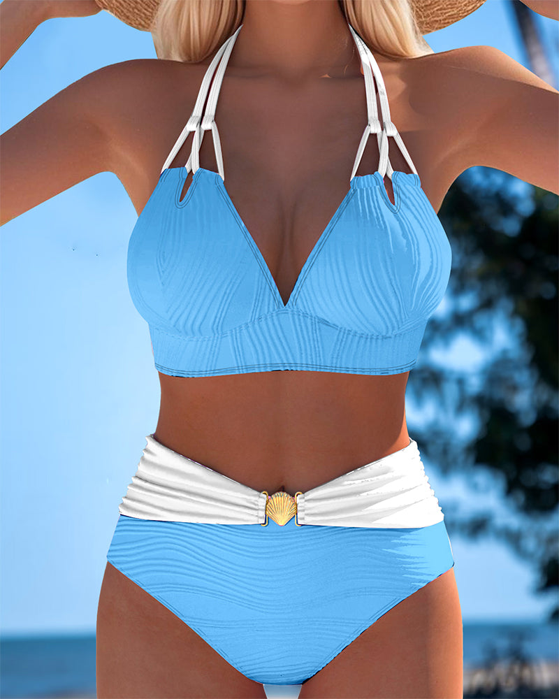 High-Waisted Double Strap Bathing Suit with Contrast Color