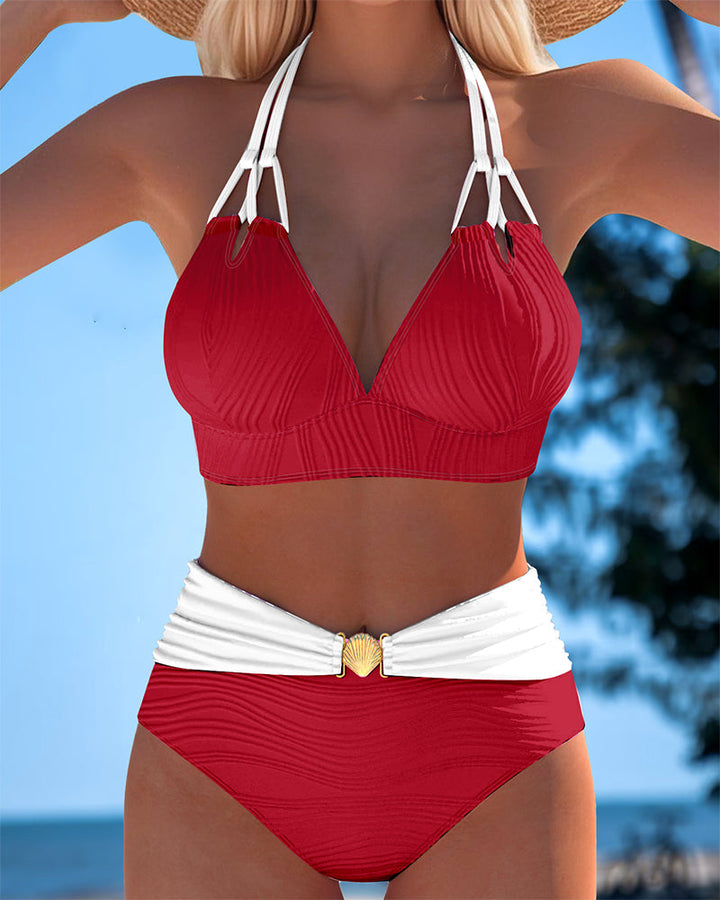 High-Waisted Double Strap Bathing Suit with Contrast Color