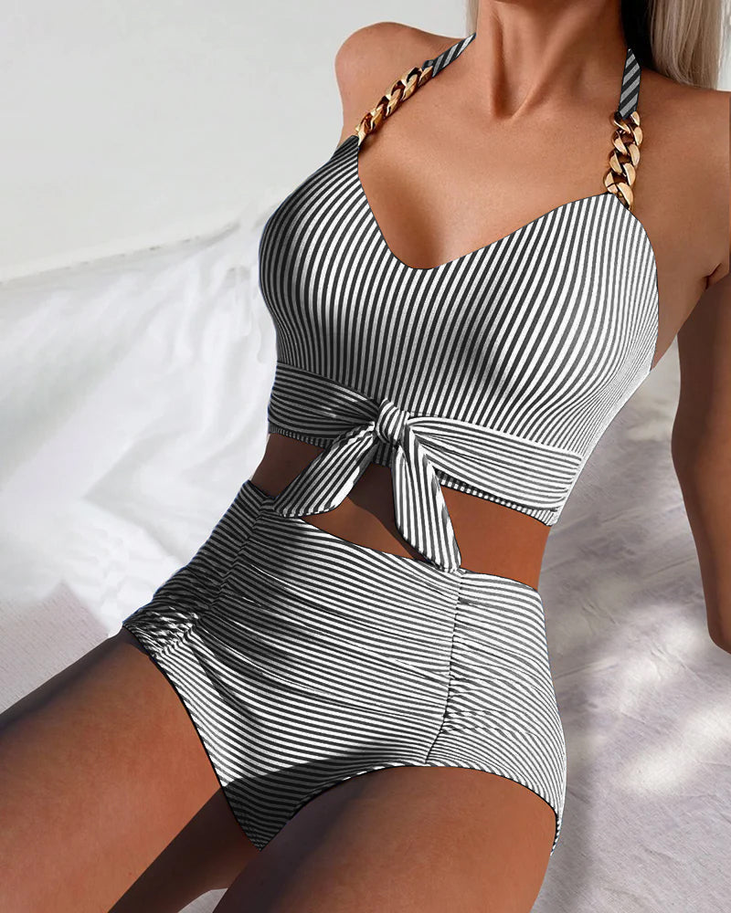 High-Waisted Striped Two-Piece Triangle Swimsuit