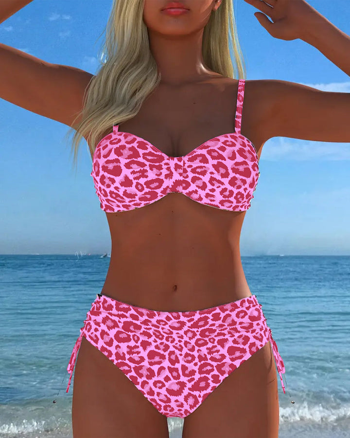 Leopard Print Lace-Up Two-Piece Swimsuit