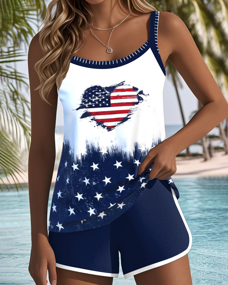 American Flag Heart Printed Tankini Two Pieces