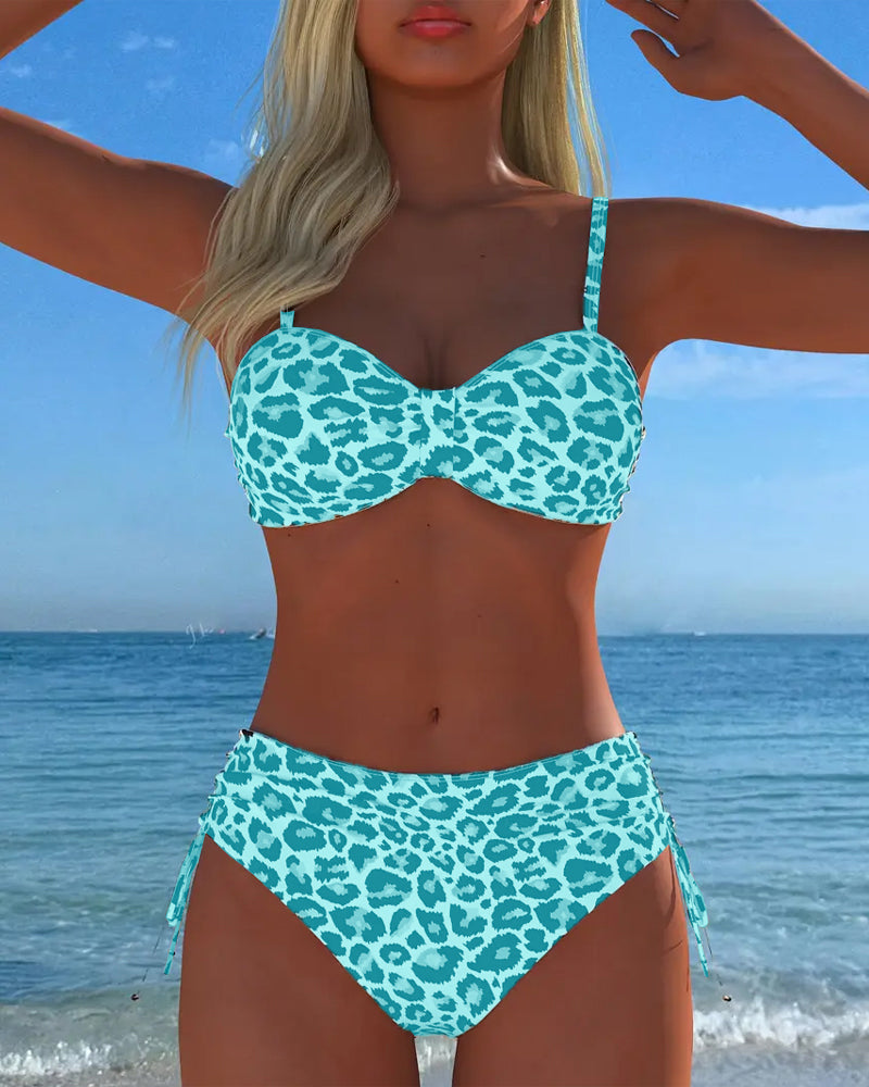 Leopard Print Lace-Up Two-Piece Swimsuit