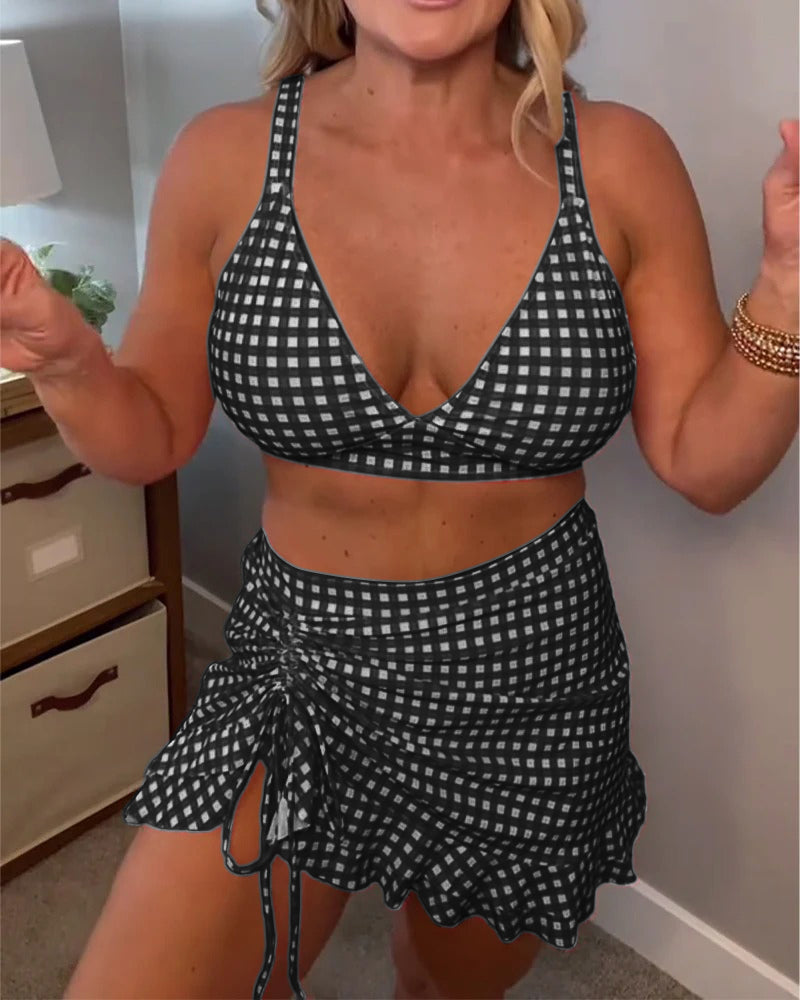 Casual Two-Piece Swimwear with Straps and Plaid Print