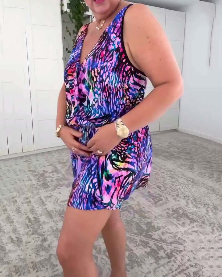 Colorful Printed V-Neck One-Piece Swimsuit