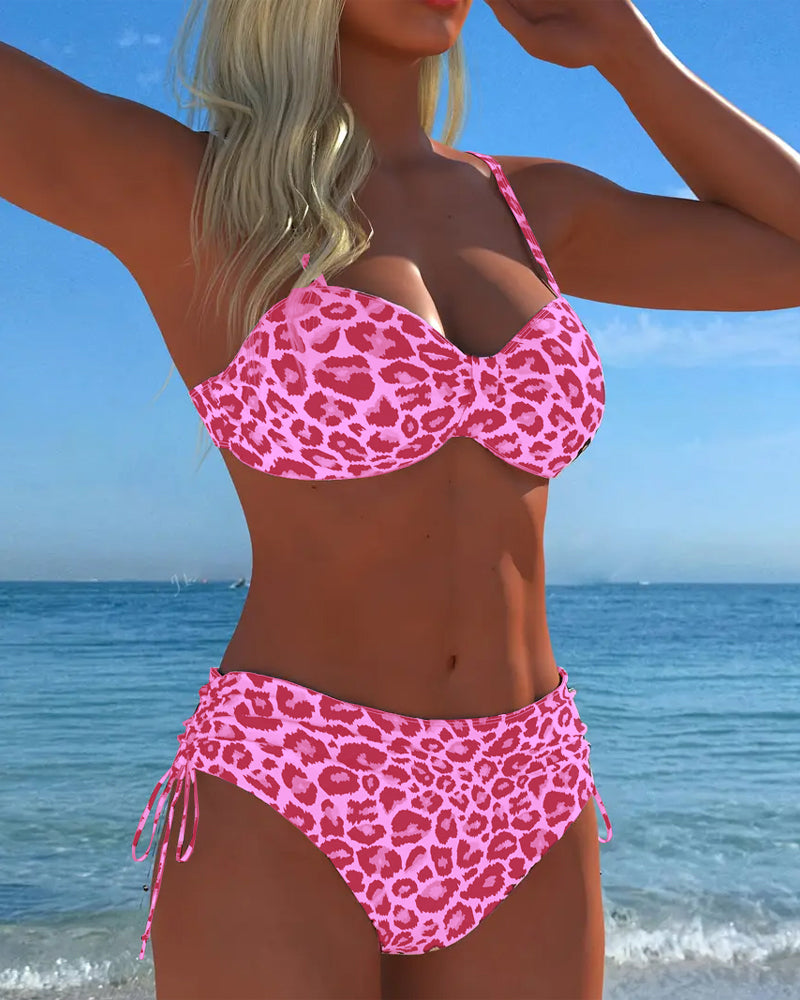 Leopard Print Lace-Up Two-Piece Swimsuit