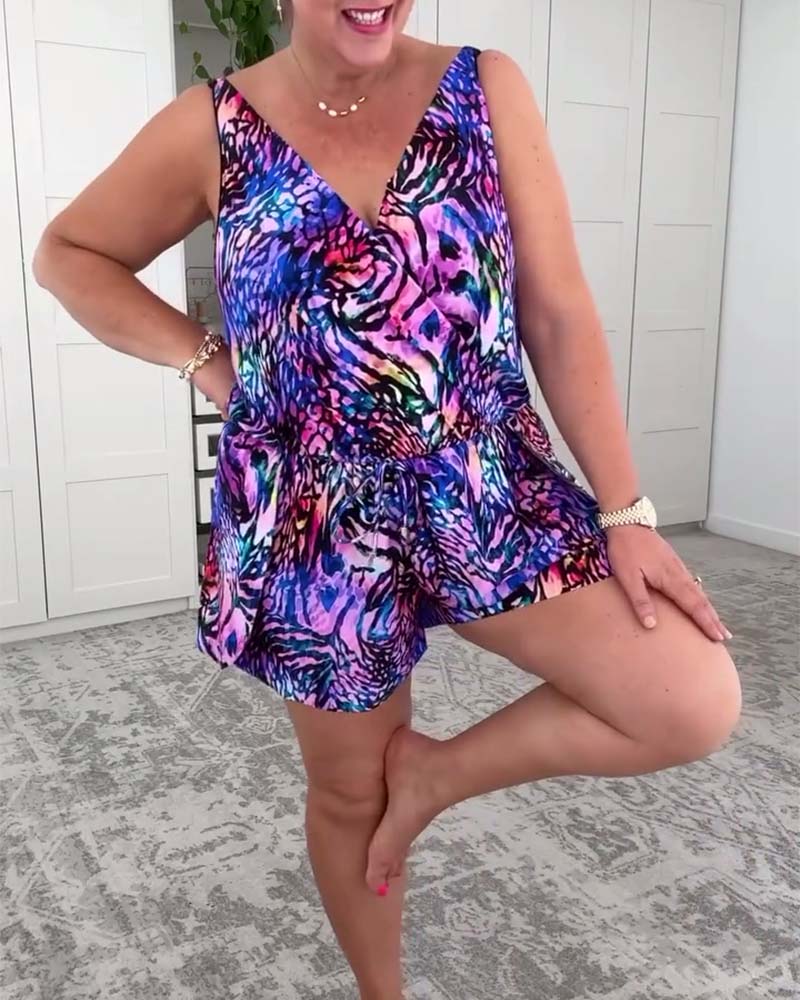 Colorful Printed V-Neck One-Piece Swimsuit