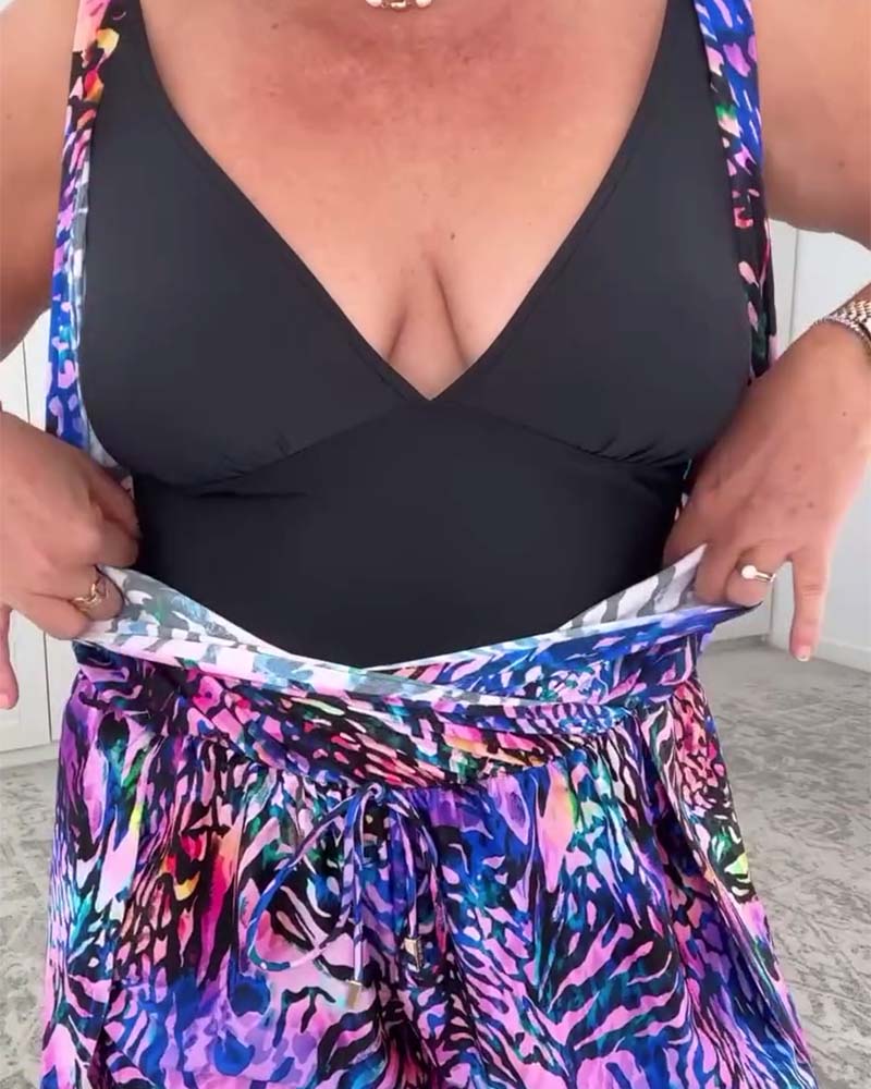 Colorful Printed V-Neck One-Piece Swimsuit