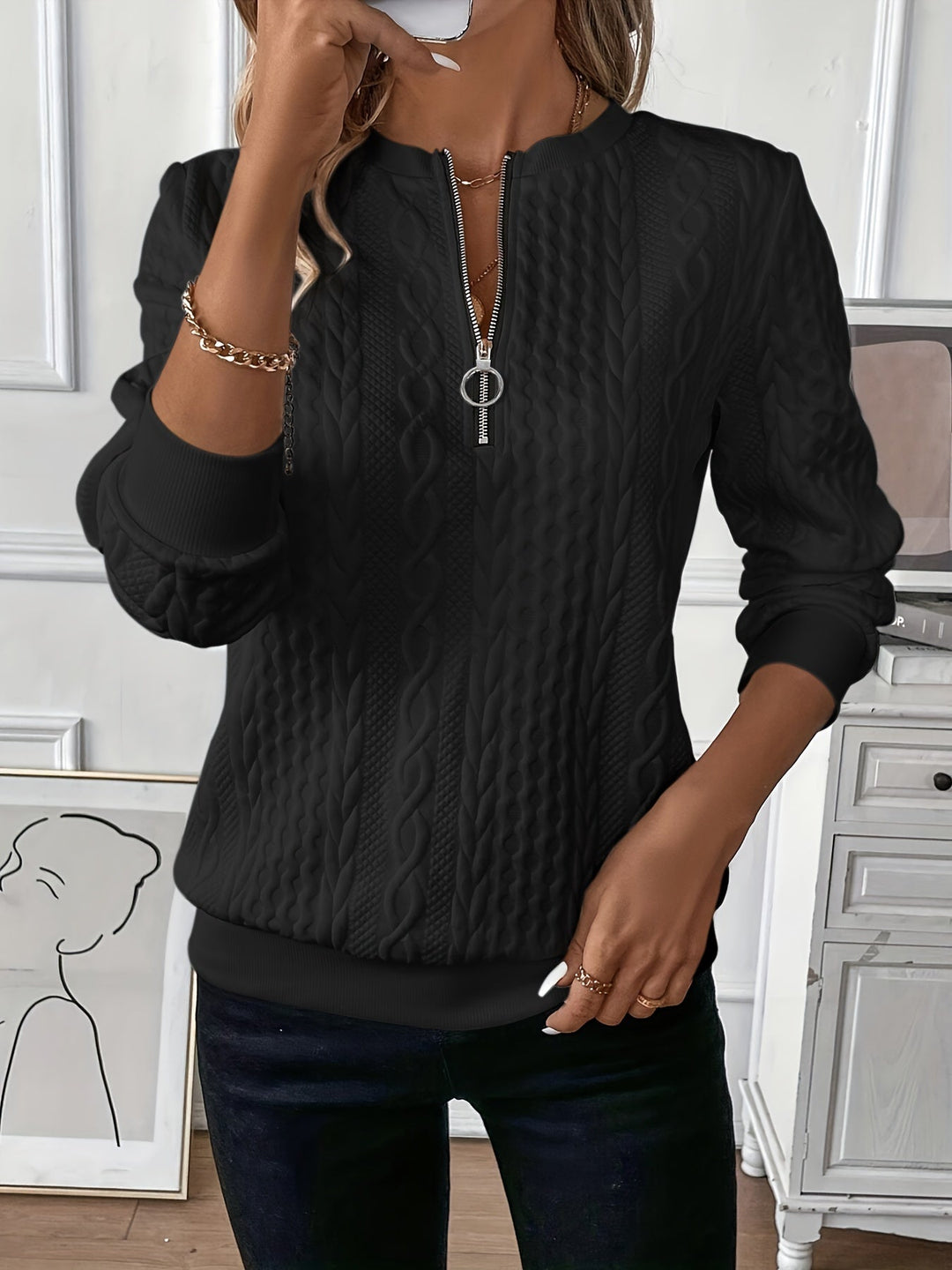 Amalie | zip-up cable knit jumper