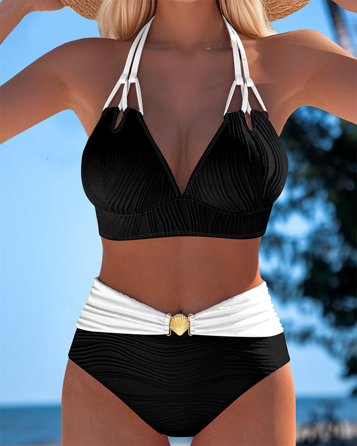 High-Waisted Double Strap Bathing Suit with Contrast Color