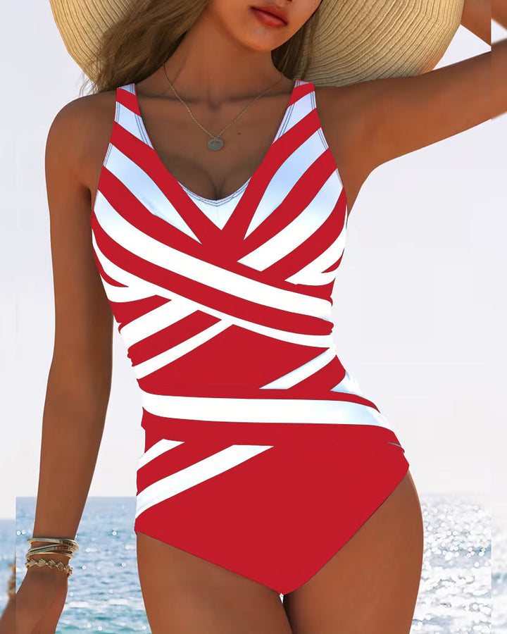 Casual Striped One-Piece Swimsuit with V-Neck