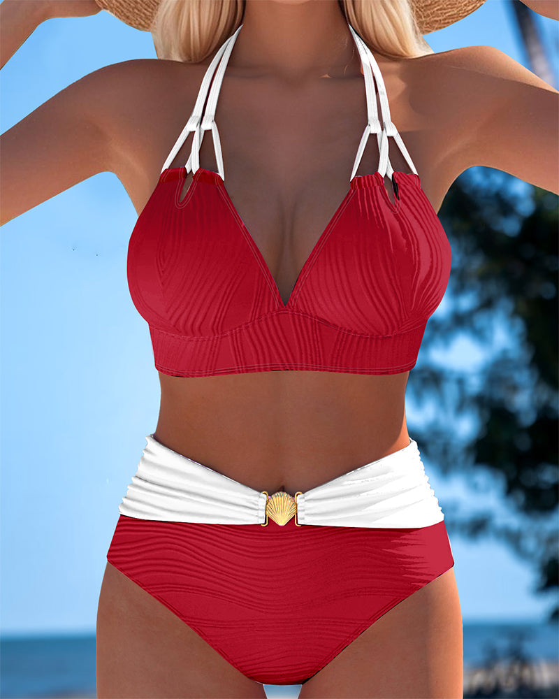 High-Waisted Double Strap Bathing Suit with Contrast Color