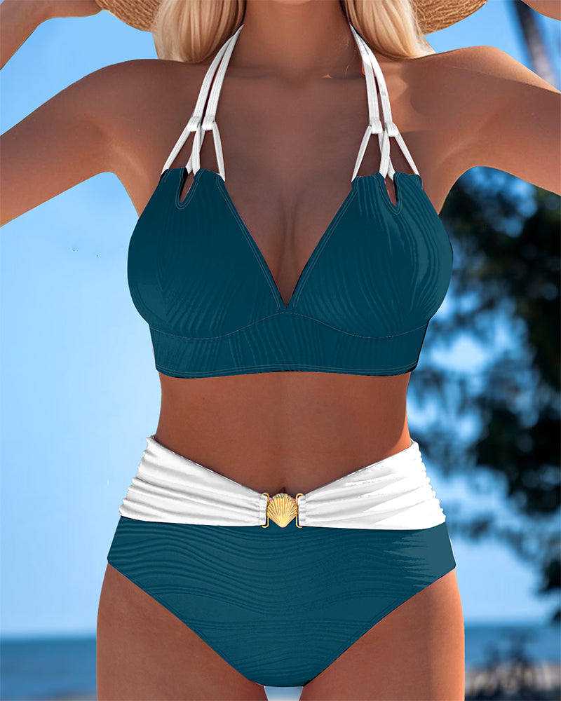 High-Waisted Double Strap Bathing Suit with Contrast Color