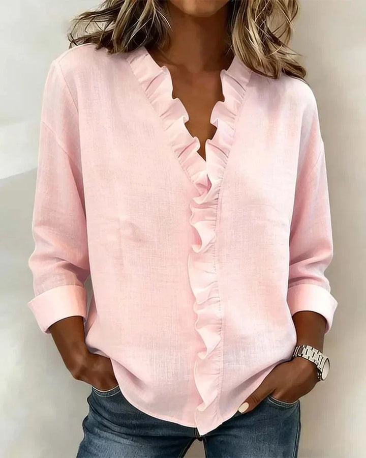Aletta | Ruffled V-Neck Blouse with Long Sleeves