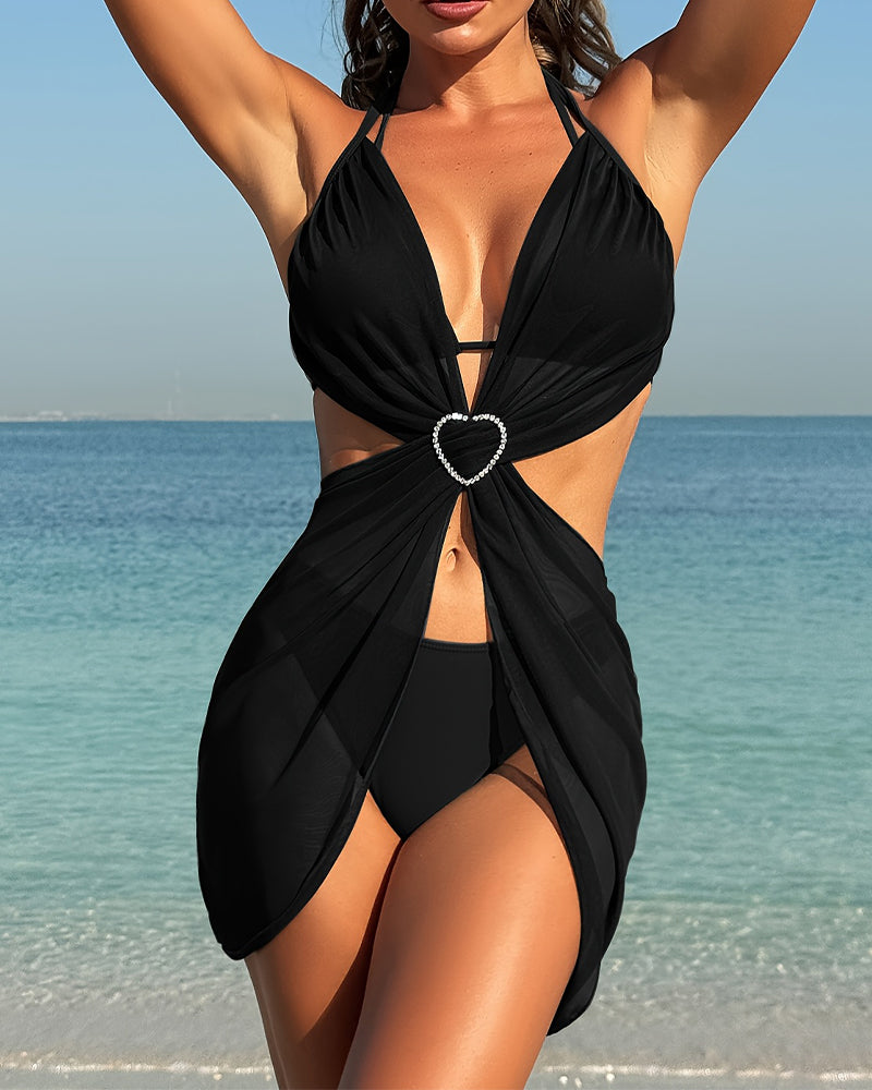 Three-Piece Swimsuit Set with Romantic Heart