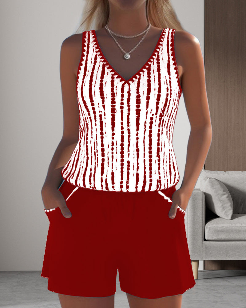 Casual Two-Piece Printed V-Neck Swimsuit with Pockets