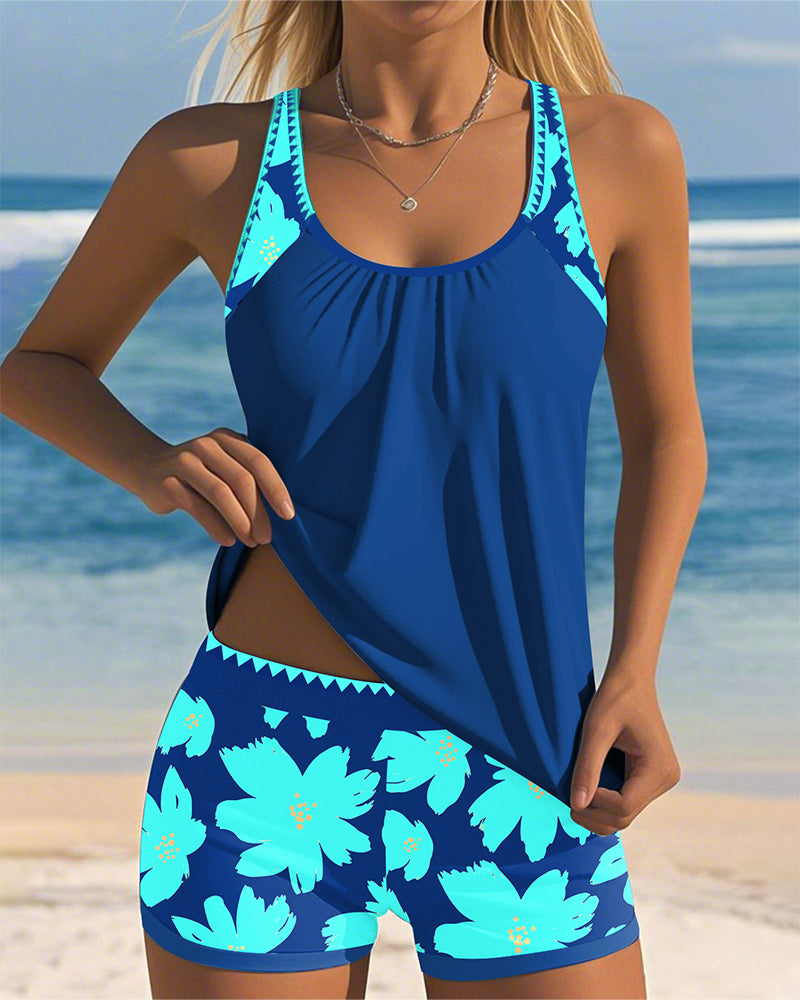 Sleeveless U-Neck Printed Boxer Tankini
