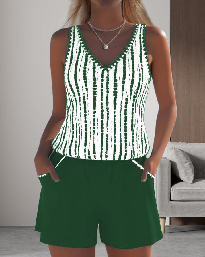 Casual Two-Piece Printed V-Neck Swimsuit with Pockets