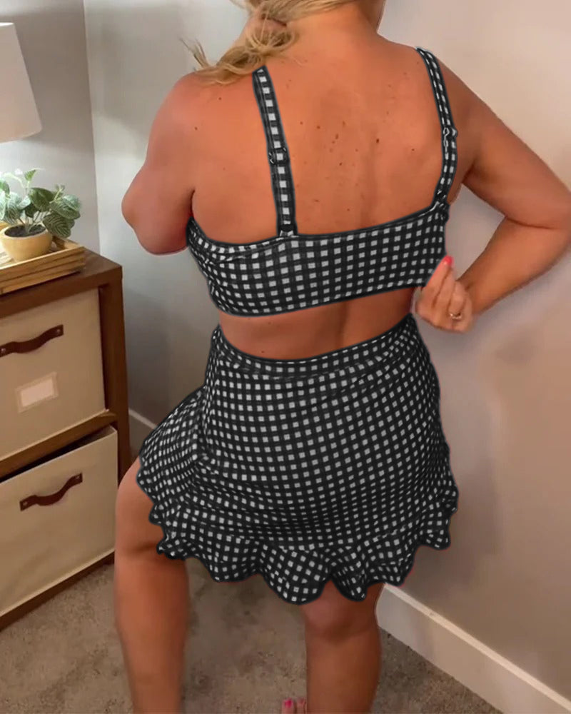 Casual Two-Piece Swimwear with Straps and Plaid Print