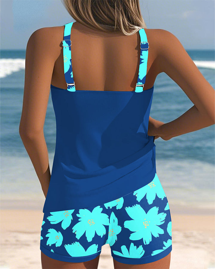 Sleeveless U-Neck Printed Boxer Tankini
