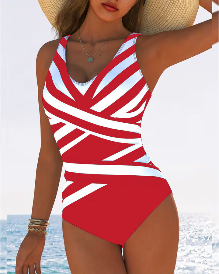 Casual Striped One-Piece Swimsuit with V-Neck