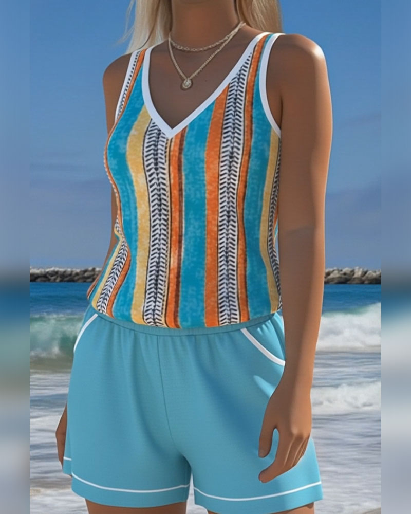 V-Neck Printed Tankini Swimsuit