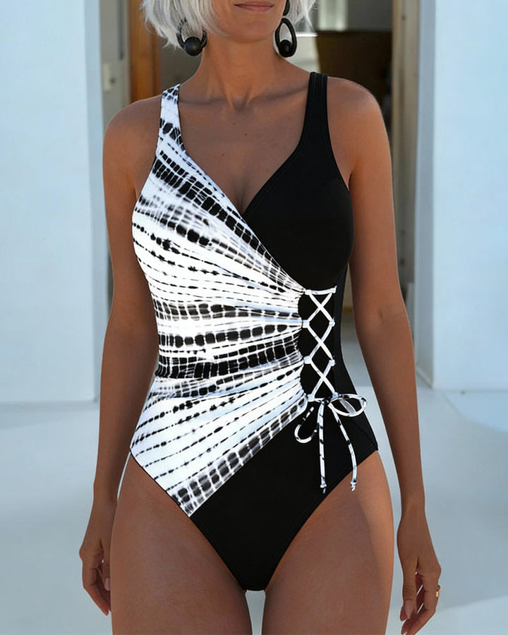 Color-Block Polka Dot One-Piece Swimsuit