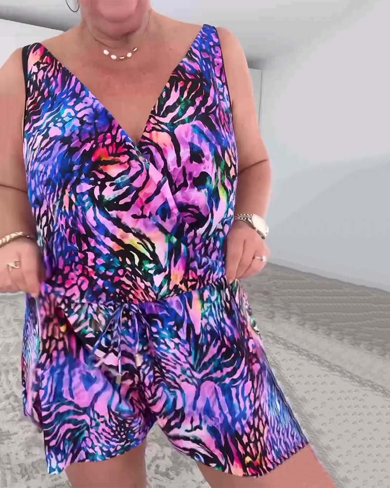 Colorful Printed V-Neck One-Piece Swimsuit