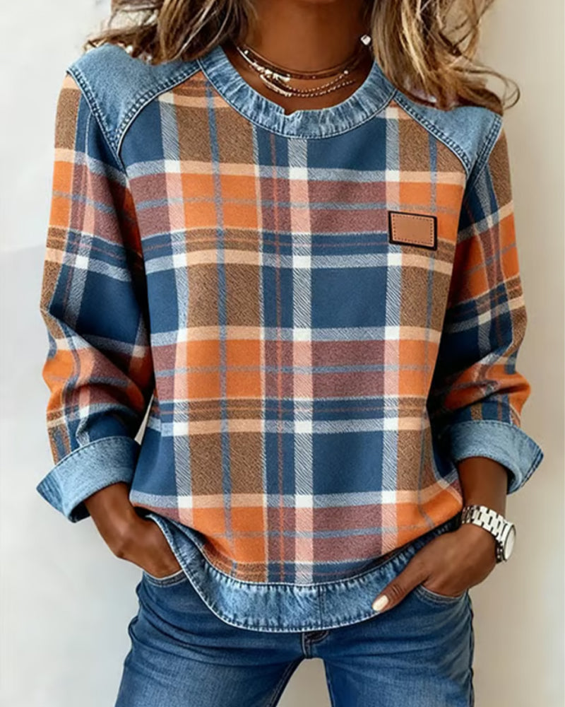 Nina | Fashionable Sweatshirt with Checkered Patchwork