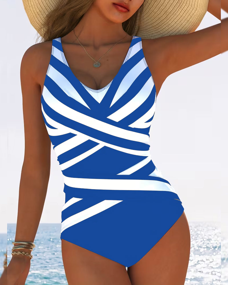 Casual Striped One-Piece Swimsuit with V-Neck