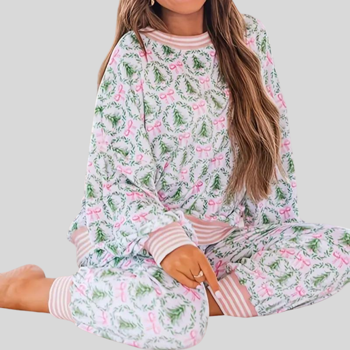 Aubrey | Cozy Christmas Bow Print Loungewear Set