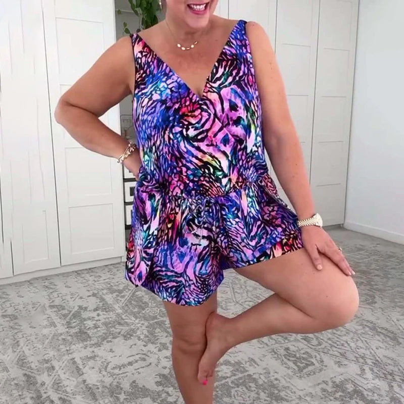 Colorful Printed V-Neck One-Piece Swimsuit