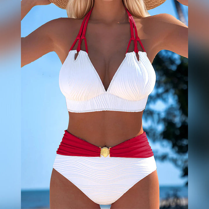 High-Waisted Double Strap Bathing Suit with Contrast Color