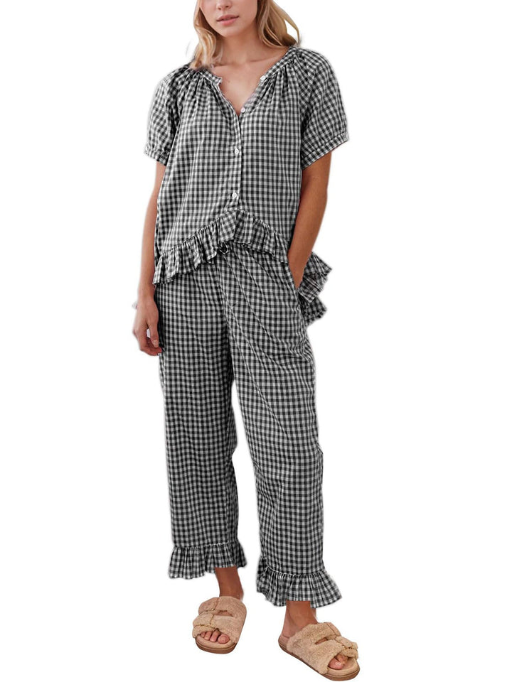 Hadley | Gingham Puff Sleeve Ruffle Pajama Set