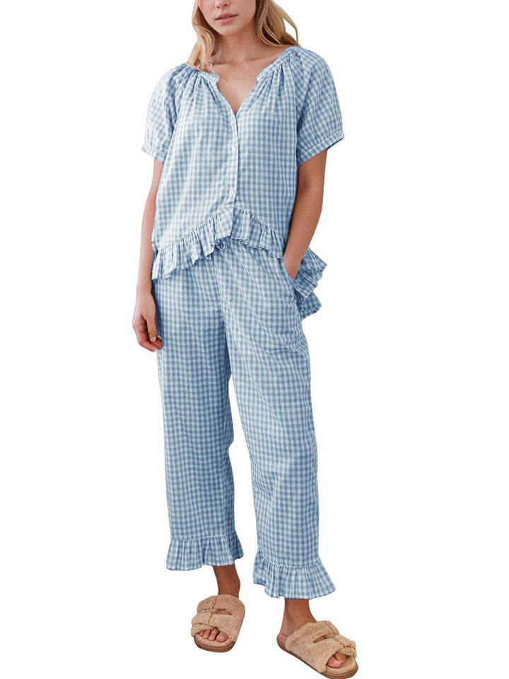 Hadley | Gingham Puff Sleeve Ruffle Pajama Set
