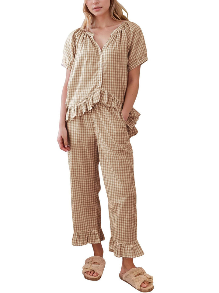 Hadley | Gingham Puff Sleeve Ruffle Pajama Set