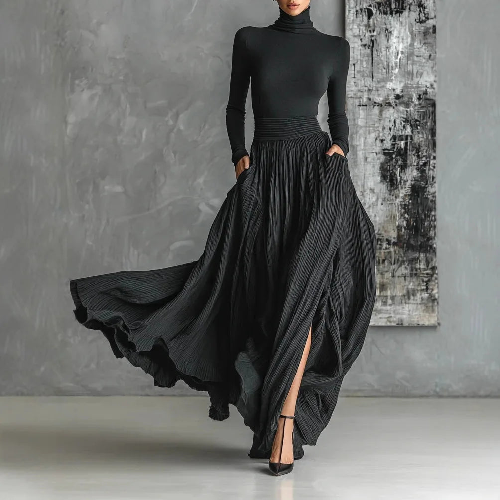 Cerynn | High-Waist Pleated Maxi Skirt & Fitted Shirt Set