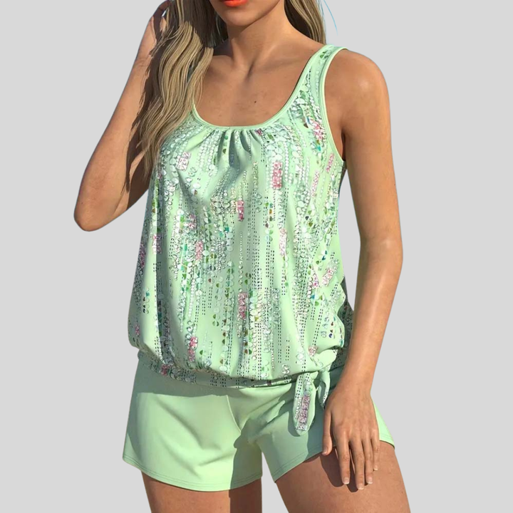 Printed Bathing Suit with Pearl Collar Two-Piece