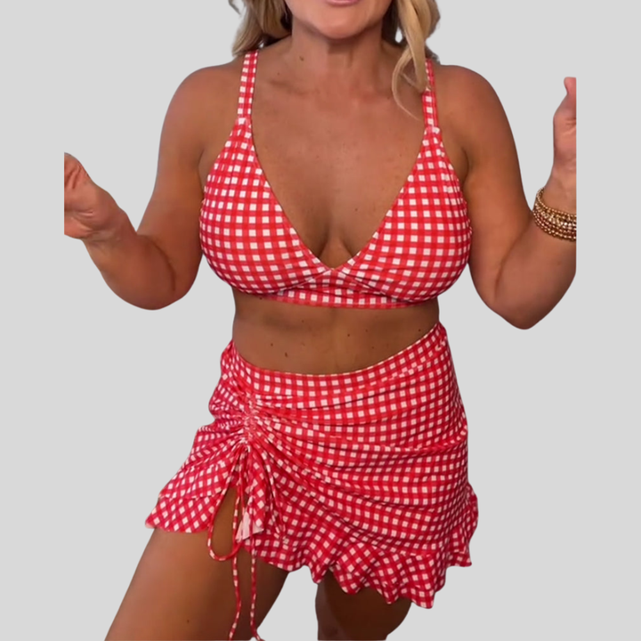Casual Two-Piece Swimwear with Straps and Plaid Print