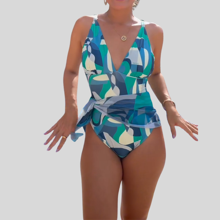 One-Piece Lace-Up Printed Swimsuit