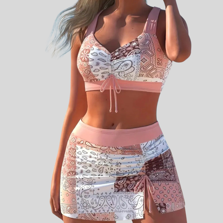 Knotted Strap Two-Piece Skirt Printed Swimsuit