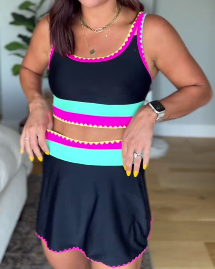 Elegant Three-Piece Color Block Swimsuit