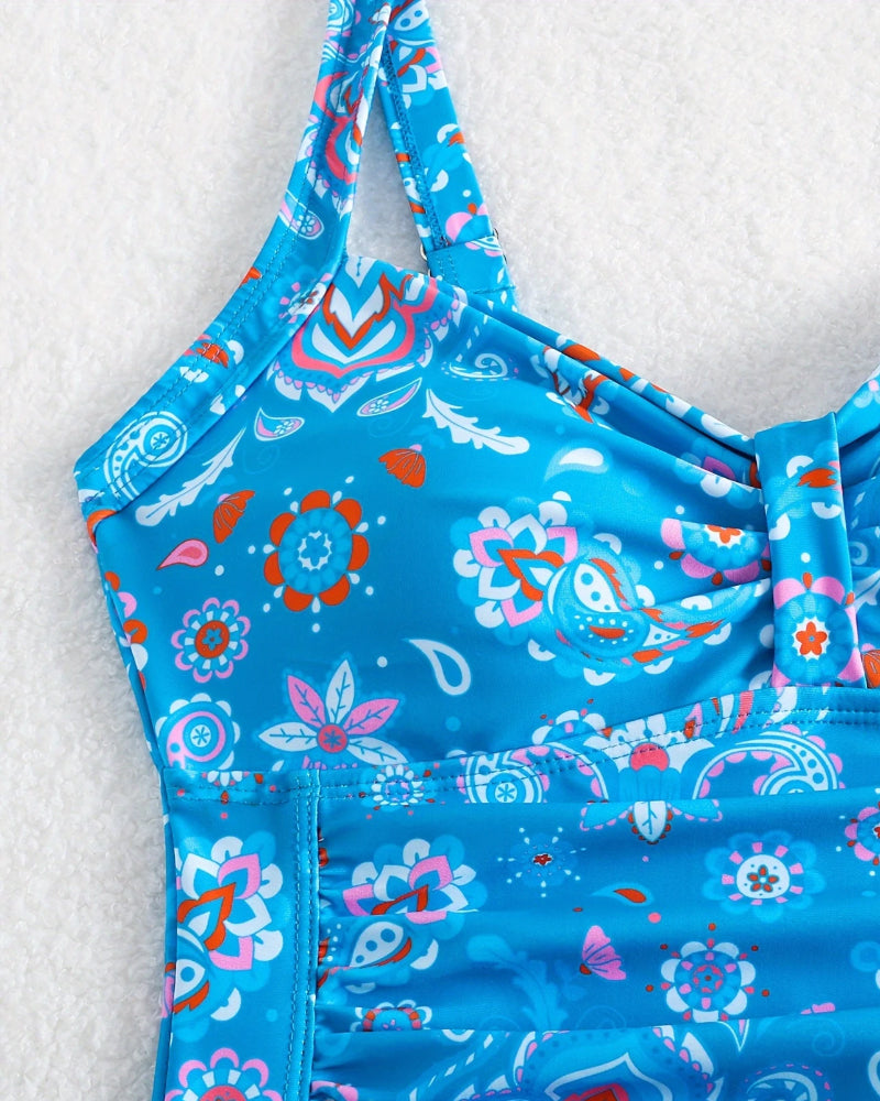 Plunging Pleated Floral One-Piece Swimsuit