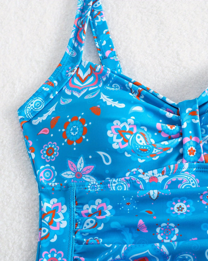 Plunging Pleated Floral One-Piece Swimsuit