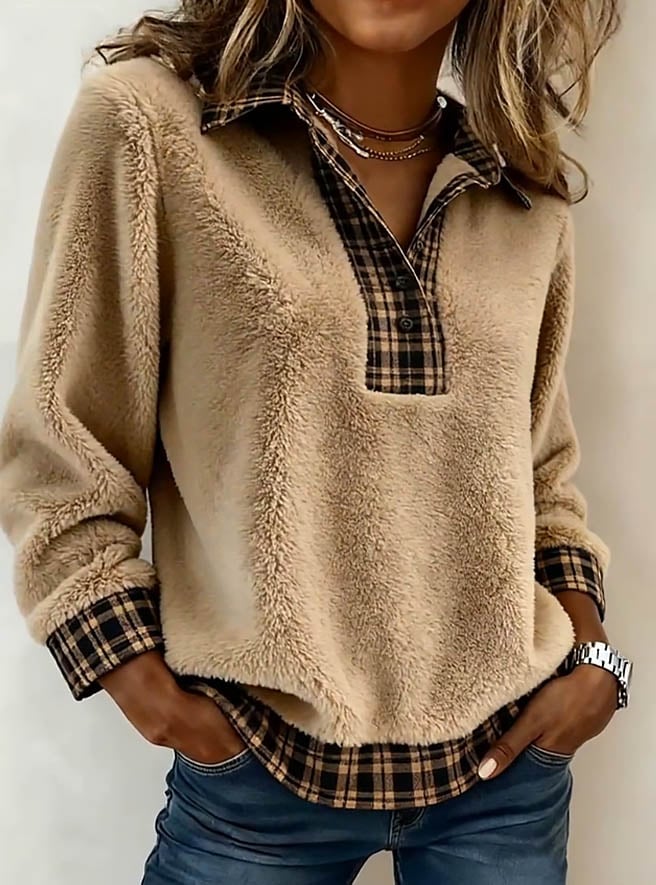 Christine | Cozy Faux Sherpa Plaid Top